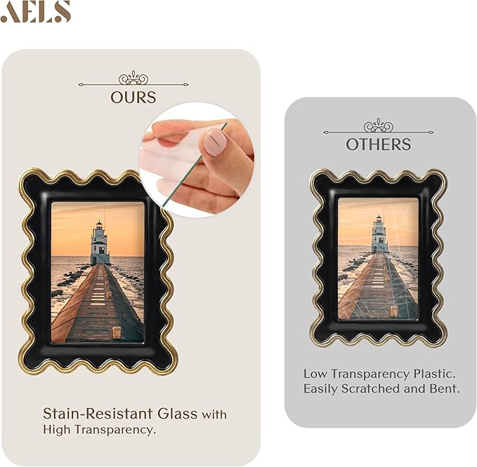 AELS 4x6 Inch Vintage Scalloped Picture Frame, Mid Century Modern Antique Photo Frames with Glass Front, Photo Display, Tabletop Wall Hanging, Black