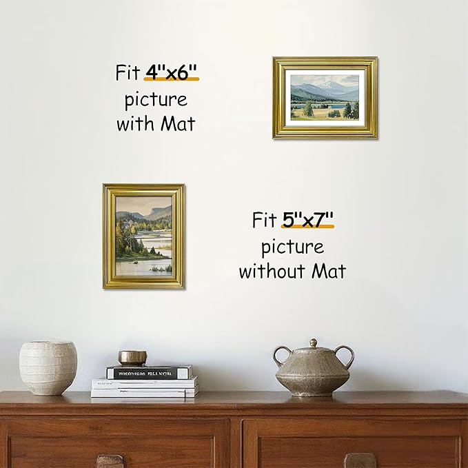 VIOLABBEY 5x7 Picture Frame Gold, Vintage Photo Frames, Fits Pictures 4x6 with Mat or 5 x 7 without Mat, Display for Tabletop and Wall