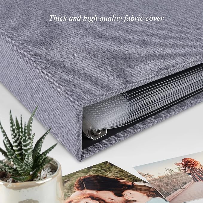 1DOT2 8x8 DIY Small 3 Ring Scrapbook Photo Album Journal with 30 Plastic Sleeves 60 Pages and Fabric Cover for Baby Travel Wedding Couple Anniversary Kids Adventure(Gray Cover/Black Pages)