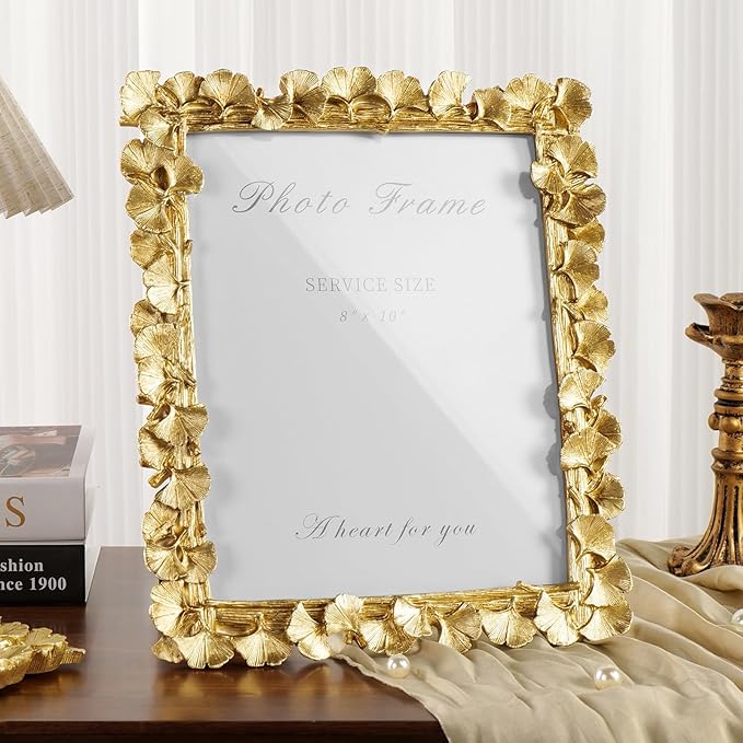 8x10 Picture Frame Gold Picture Frames, Vintage Ornate Frame Leaf Textured Hand-Crafted Resin with Glass Front, Antique Photo Frame for Wall Hanging and Tabletop Display, Retro Design Home Decor