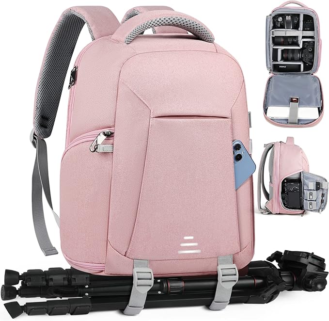 RAINSMORE Camera Bag Professional DSLR SLR Mirrorless Photography Camera Backpack 15.6 Inch Waterproof Camera Case With Tripod Holder&Laptop Compartment for Canon Nikon Sony Photographers Pink