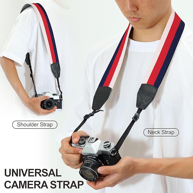 Padwa Lifestyle Stripes Camera Strap - 2" Wide Genuine Leather Ends Camera Straps for Photographers, Vintage Blue, Red, and white Stripes Nylon Strap with Camera Quick Release fits All Cameras
