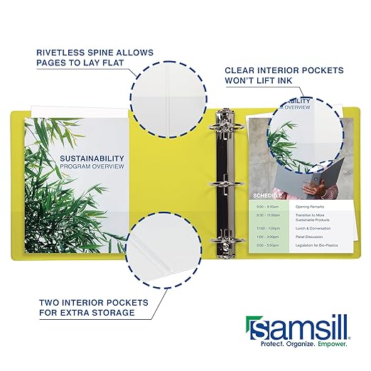 Samsill Durable 0.5 Inch Binder, Made in The USA, D Ring Binder, Customizable Clear View Cover, Lemon Yellow, Holds 125 Pages