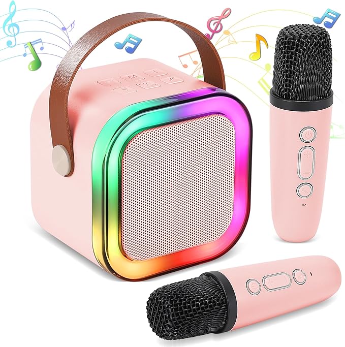 Mini Karaoke Machine, Portable Bluetooth Karaoke Speaker with 2 Wireless Microphones and Light for Family Home Party,Toys for Girls Boys Friends Age 3-12+ Kids and Adults Birthday Gifts.(Pink)
