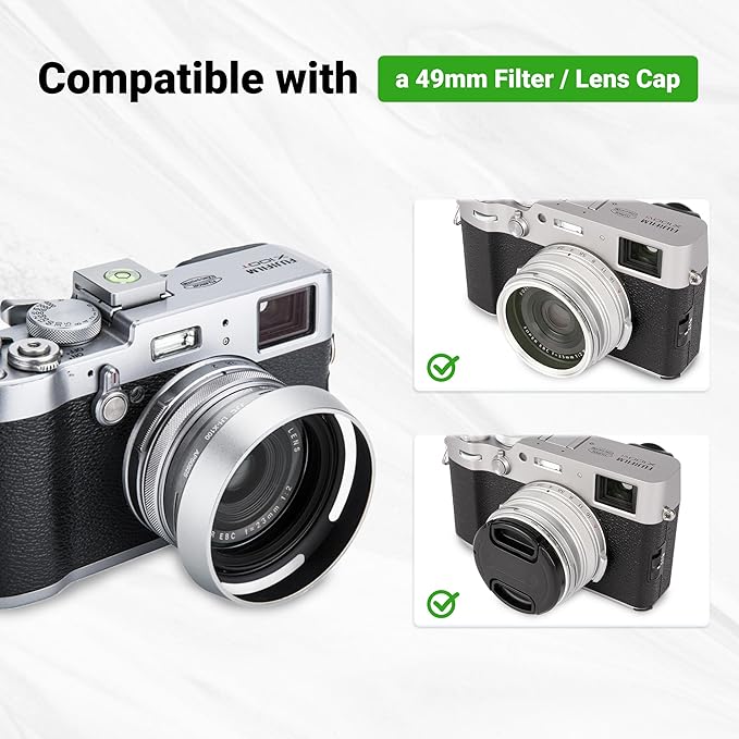 JJC Lens Hood for Fujifilm Fuji X100 X100VI X100V X100F X100S X100T X70 Cameras with 49mm Adapter Ring Replaces Fujifilm LH-X100 Lens Shade and AR-X100 Adapter Ring-Silver