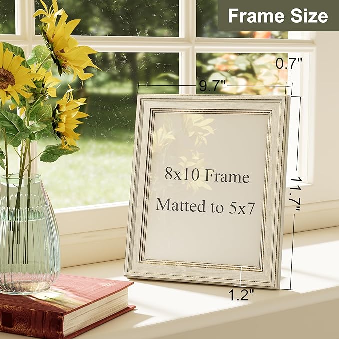 Vittanly 8x10 Picture Frame Set of 4, Vintage Photo Frame for Wall or Tabletop, Display 5x7 Pictures with Mat or 8x10 without Mat, Rustic Farmhouse Home Decor, Rustic White