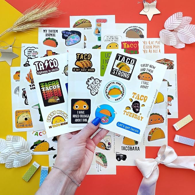 BulbaCraft 100Pcs Funny Taco Stickers and Decals for Adults, Taco Party Decorations, Gifts for Women & Men