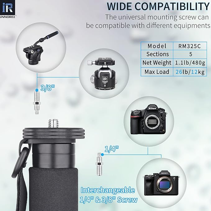Carbon Fiber Camera Monopod INNOREL RM325C Professional Portable Compact Lightweight Travel 5-Section Monopod for Canon Nikon Sony DSLR Camera Video Camcorder DV Photography Bracket Load 26lbs/12kg