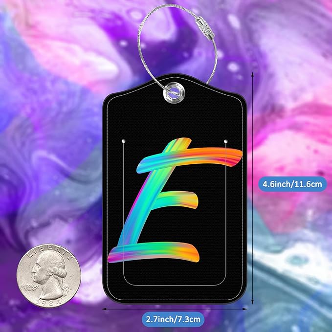 Luggage Tags for Suitcase,2 Pack Neon Colorful Letters Luggage Tags,Leather Baggage Tags Identifiers with Privacy Name Address Labels and Metal Loop for Women Men Girls Travel,Letter E