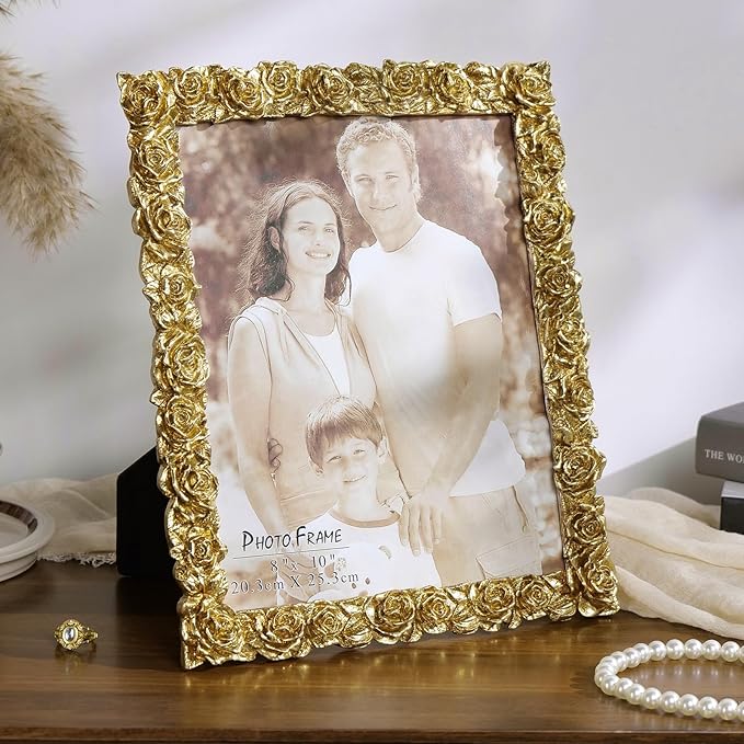 Cuspin 8x10 Picture Frame Vintage, Gold Ornate Rose Flower Resin Photo Frame with Glass Front for Wall Hanging or Tabletop Display, Antique Picture Frames for Home Decor