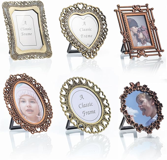 6 Pcs Mini Vintage Picture Frame 1 Inch Wallet Size Picture Frames Assorted Colors Tiny Metal DIY Photo Frames Tiny Metal Photo Frame for Tabletop Wall Display Old Fashioned Photoes Gallery Art Decor