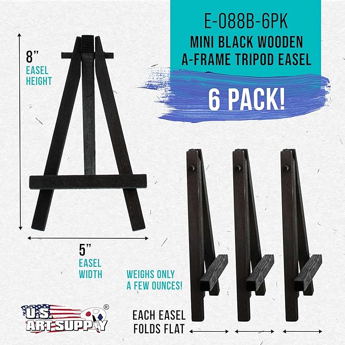 U.S. Art Supply 8" High Small Black Wooden Easel (6 Pack), A-Frame Canvas Stand Tripod, Small Painting Easels - Tabletop Easel for Painting, Canvases, Student Crafts, Event Signs Photos
