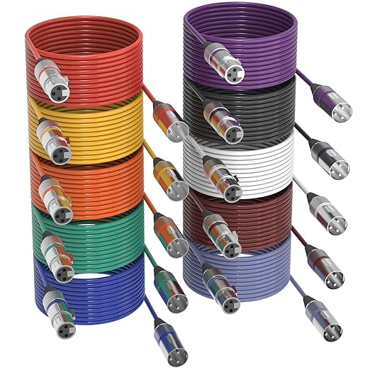 10 Color XLR Cable, Multicolor XLR Male to Female 25ft Audio Cables 10 Pack, 3 Pin Balanced XLR Microphone Cables Color Boots XLR Mic Cord Ideal for Microphones, Live Stage, Speaker, Audio Mixer