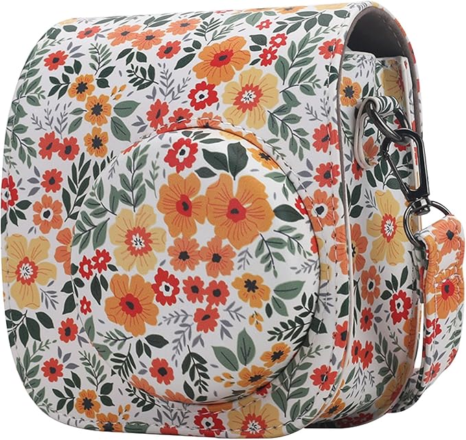 Frankmate Protective Case Fit for Fujifilm Instax Mini 12 11 9 8 Camera, PU Leather Camera Bag with Pocket and Adjustable Shoulder Strap (Yellow Flower)