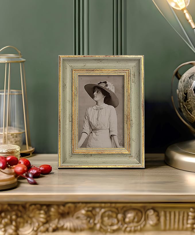 Afuly 4x6 Picture Frame Antique Vintage Gold Sage Green Single Photo Frame for Desk Wall Gallery Artworks Portrait Landscape Unique Birthday Gifts for Grandma Mom Women