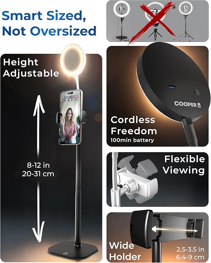 Phone Stand for Recording with Light for Desk - ChatStand Halo 9-13" Adjustable, Portable Ring Light Tripod, iPhone Stand for Desk & Phone Holder for Video Recording, Filming, Zoom Calls (Night Black)