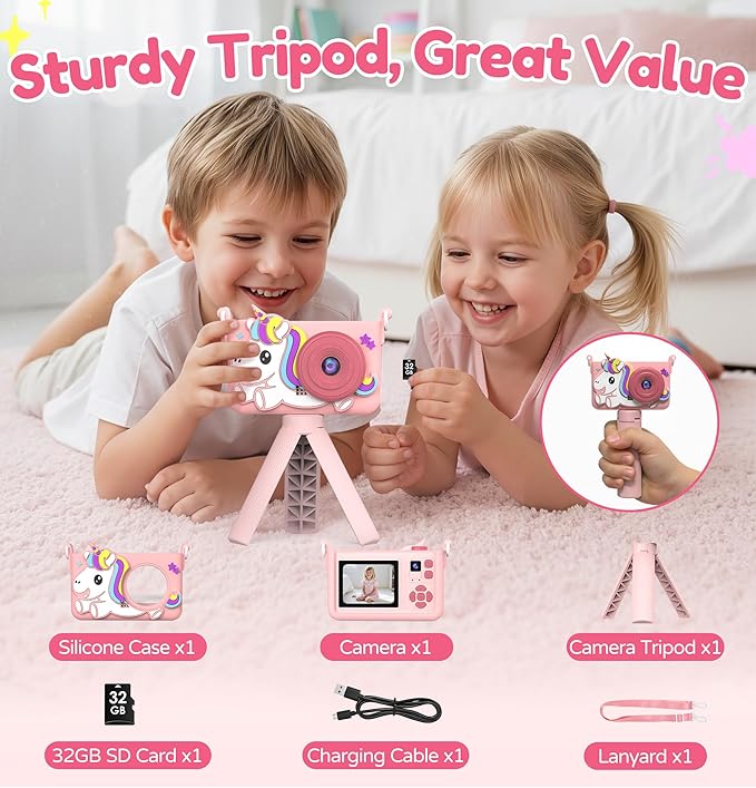 Kids Camera for Girls with Tripod & 32GB Card, 1080P HD Toddler Digital Video Camera, Portable Travel Toy Best Birthday Festival Gifts for Girl 3 4 5 6 7 8 9 10 Year Old