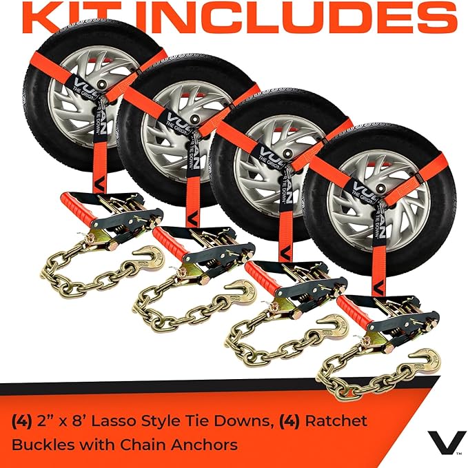 VULCAN Car Tie Down with Chain Anchors - Lasso Style - 2 Inch x 96 Inch - 4 Pack - PROSeries - 3,300 Pound Safe Working Load