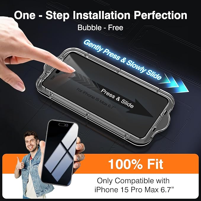 EZ-GLAZ-4 Pack for iPhone 15 Pro Max Privacy Screen Protector(6.7'') With [2 Pcs Camera Lens Protector], Anti-Spy, 9H Hardness, Drop-Resistant, Case Friendly, Anti-Scratch & EZ-To-Install Tempered Glass