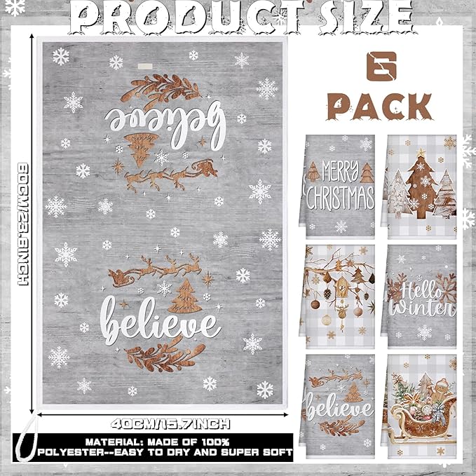 Preboun 6 Pcs Christmas Kitchen Towels Grey Buffalo Plaid Xmas Tree Brown Christmas Dish Hand Kitchen Towels Hello Winter Bathroom Decoration Dish Cloth Tea Cloth