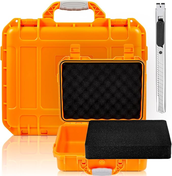 Relaxweex 1 Pcs 8.5 x 6.5 x 3.7 Inch Waterproof Hard Case with DIY Customizable Foam Insert Portable Protective Case with Knife for Camera Drones Equipments Tools Test Instruments (Orange)