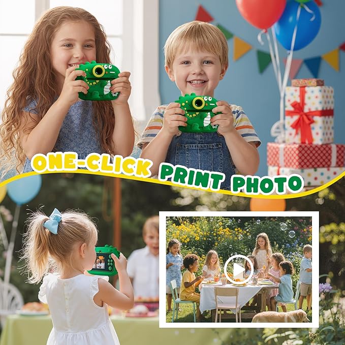 Kids Instant Print Camera with Dinosaur Silicone Cover,1080P HD Digital Video Cameras for Kids with Print Paper & SD Card,Christmas Birthday Gifts for Girls Boys 3-10 Years (Green)