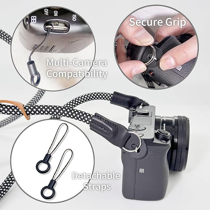 Little Fire Craft Camera Strap Crossbody Camera Neck Shoulder Strap 127cm Climbing Rope for Photographers Lanyard 10mm Thick - Black/white