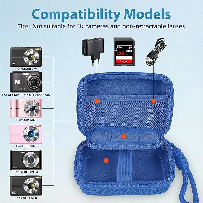 Digital Camera Case for CAMKORY/KODAK PIXPRO FZ45/FZ55/Canon IXUS 285 HS/AbergBest/Sony DSCW800/DSCW830 - Small Travel Compact Camera Holder with Mesh Pocket for SD Card & Accessories (Royal Blue)