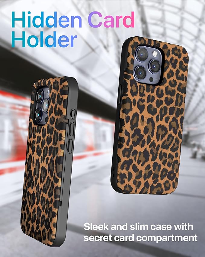 TORU for iPhone 15 Pro Max Wallet Case with Card Holder, Hidden ID Credit Card Slot Flip Kickstand, Slim Fit Shockproof Heavy Duty Phone Cover with Strap - Leopard Pattern