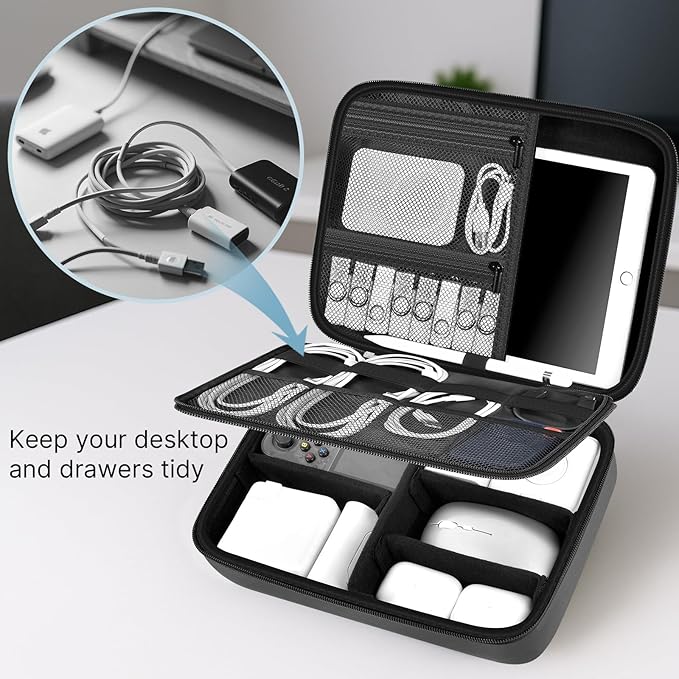 Comecase Electronics Organizer Travel Case for MacBook Pro/Air Power Adapter, Double Layer Tech Bag with 5 Dividers for iPad Mini/Air (up to 11"), Cables, Magic Mouse, Power Bank & SSD - Black