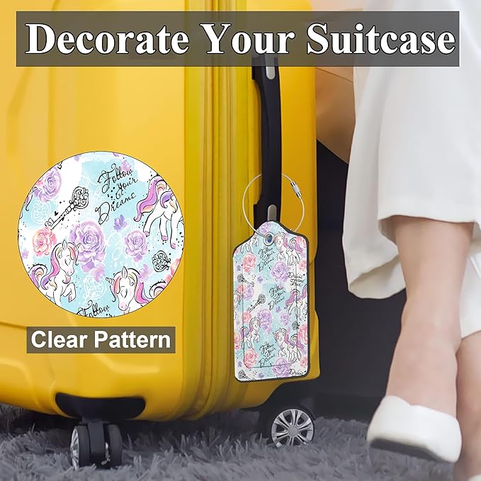 Art Watercolor Unicorns 2 Pack PU Leather Luggage Tags with Stainless Steel Loop, Funny Travel Labels with Privacy Cover ID Label for Quick Spotting