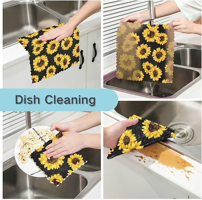 CaTaKu Vintage Sunflowers Microfiber Reusable Cleaning Cloths Kitchen Dish Cloths Dish Rags for Washing Dishes, Sunflower Dish Towels Washcloths for Kitchen Drying, 6 Pack