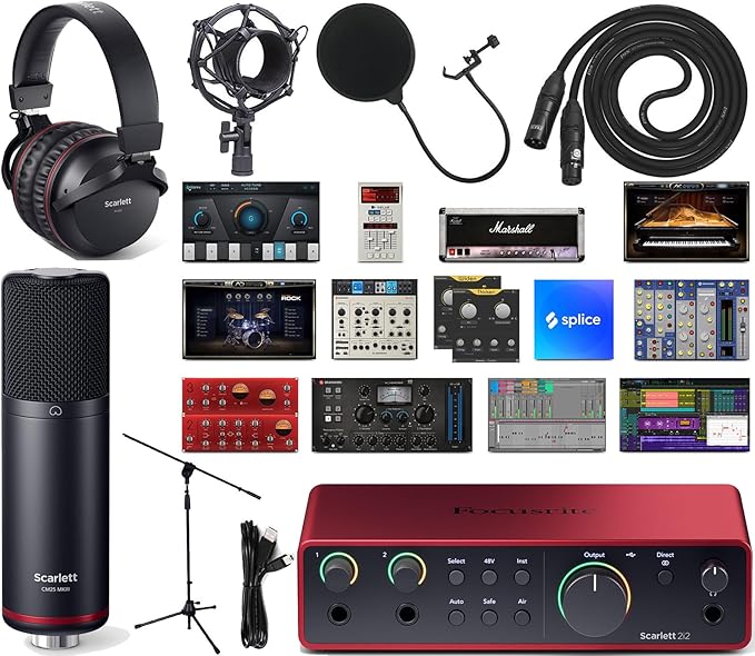 Focusrite Scarlett 2i2 4th Gen USB-C Audio Interface Recording Bundle with CM25 MkIII Condenser Mic, SH-450 Headphones, Pop Filter, Shock Mount, Stand, XLR Cable & Software Pack