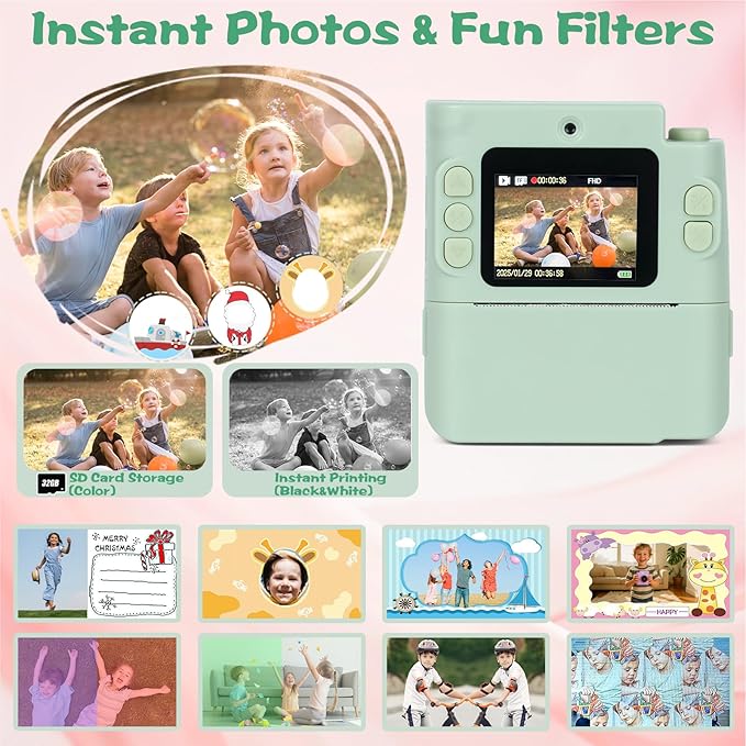 Kids Camera Instant Print, 1080P HD Dual-Lens Selfie Digital Camera with 5 Printing Paper Rolls & 32G TF Card, for Children, Portable Toddler Toy for Age 3-12 Boys & Girls (Mint Green)