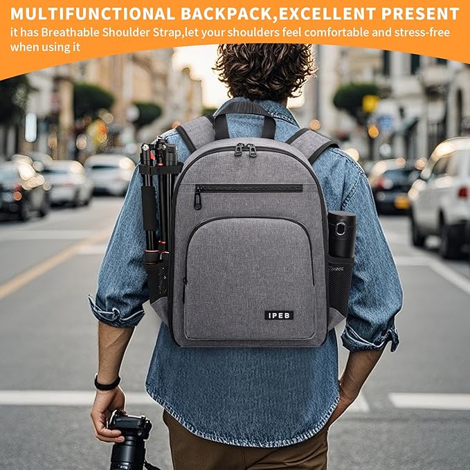 IPEB Camera Backpack for DSLR/SLR/Mirrorless Bag Professional Waterproof Camera Case 11"X5.9"X15" for Photographers Grey Orange