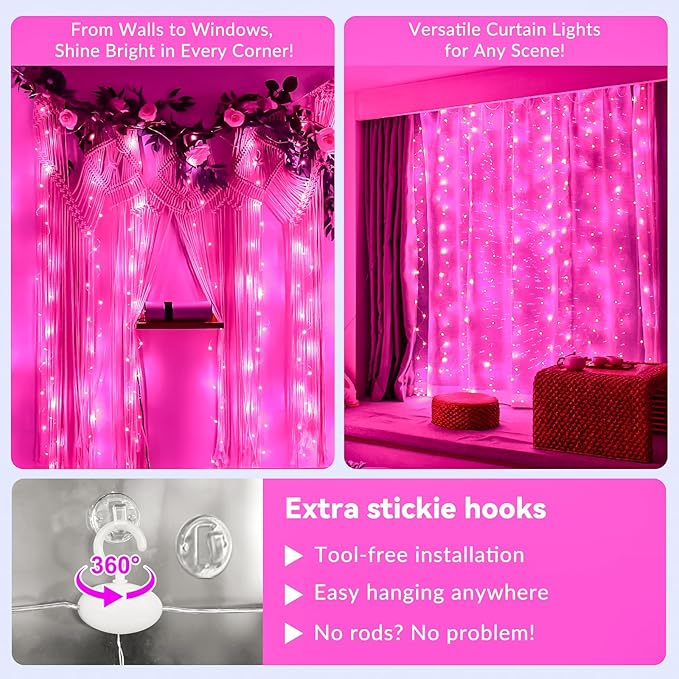HXWEIYE 300LED Fairy Curtain Lights, 9.8x9.8Ft USB Plug-in 8 Modes Christmas String Hanging Lights with Remote for Bedroom Backdrop Wedding Indoor Wall Decor, Pink, Standard – 1 Pack