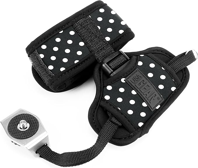 USA Gear DualGRIP Professional Grip Camera Hand Strap with Neoprene Design and Metal Plate - Compatible with Canon, Fujifilm, Nikon, Sony, and more DSLR, Mirrorless, Point & Shoot Cameras (Polka Dot)