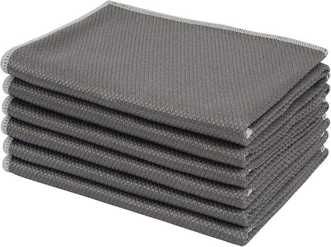 SINLAND Microfiber Glass Cleaning Cloths for Window, Car Windows, Mirrors, Eye Glass, Lens and Stainless Steel, Lint Free, Streak Free, 6-Pack, 16x16 Inch, Grey