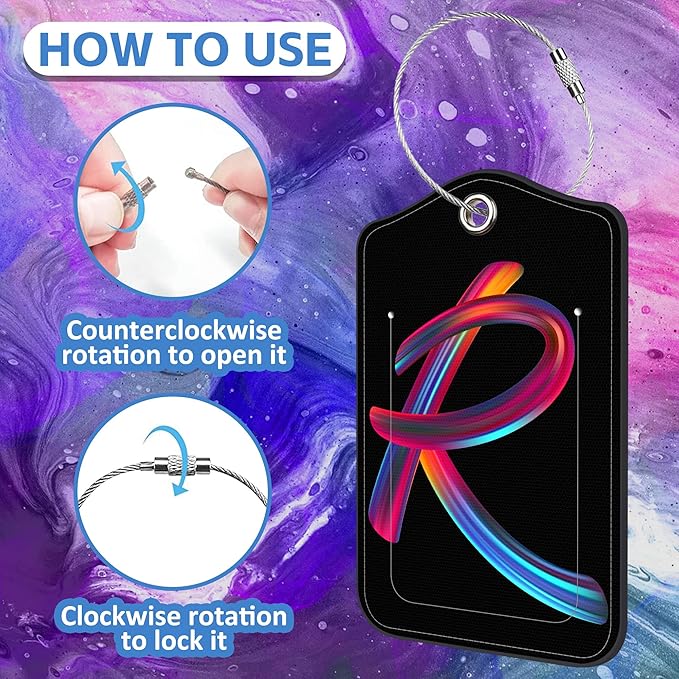 Luggage Tags for Suitcase,2 Pack Neon Colorful Letters Luggage Tags,Leather Baggage Tags Identifiers with Privacy Name Address Labels and Metal Loop for Women Men Girls Travel,Letter R