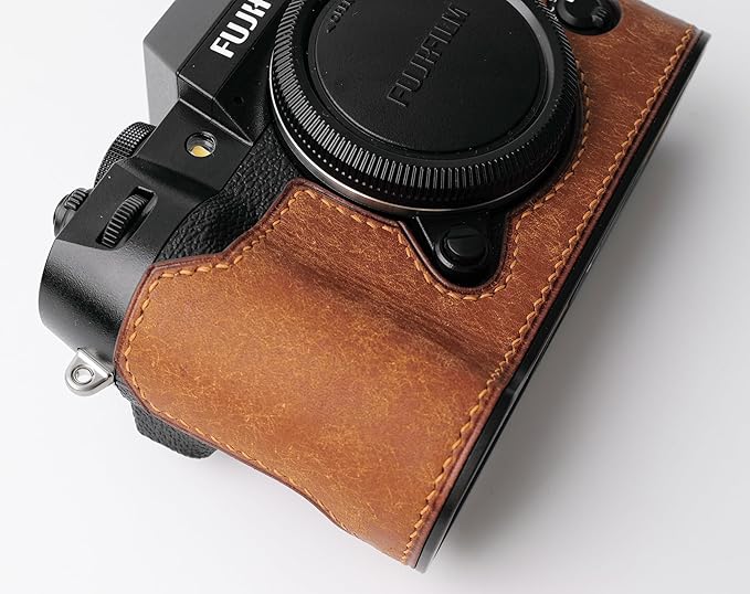 Handmade Genuine Leather Camera Half Case for Fujifilm X-T50 - Top Layer Cowhide Body + Metal Base Plate - Hand Shank Free Design (Yellowish Brown)