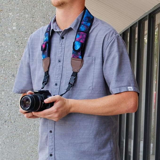 USA Gear TrueSHOT Camera Strap Neoprene Camera Straps - Padded Neck Strap, Accessory Pocket, and Quick Release Buckles - Compatible with Canon, Nikon, Sony and More DSLR and Mirrorless Camera - Galaxy
