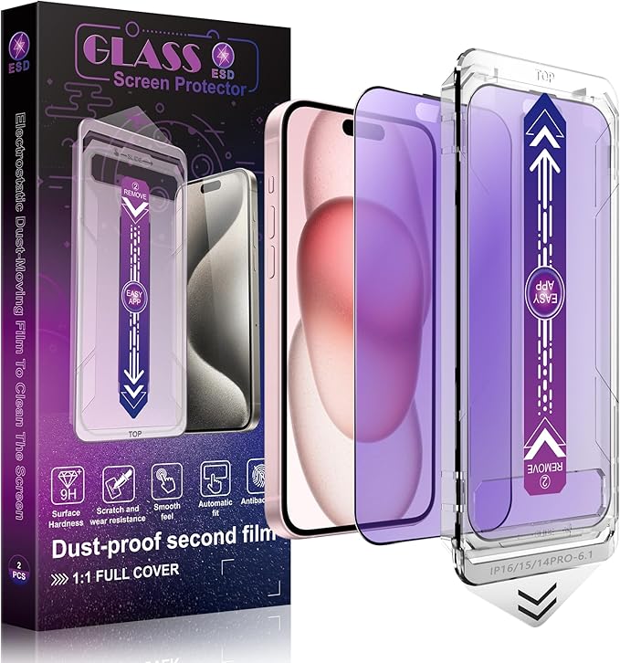 SHANG PIN JIA 2 Pack Anti Blue Light Matte Screen Protector for iPhone 16 and iPhone 15 and iPhone 14 Pro 6.1-Inch Auto Dust Removal, No Bubbles, Tempered Glass Film, Easy Installation