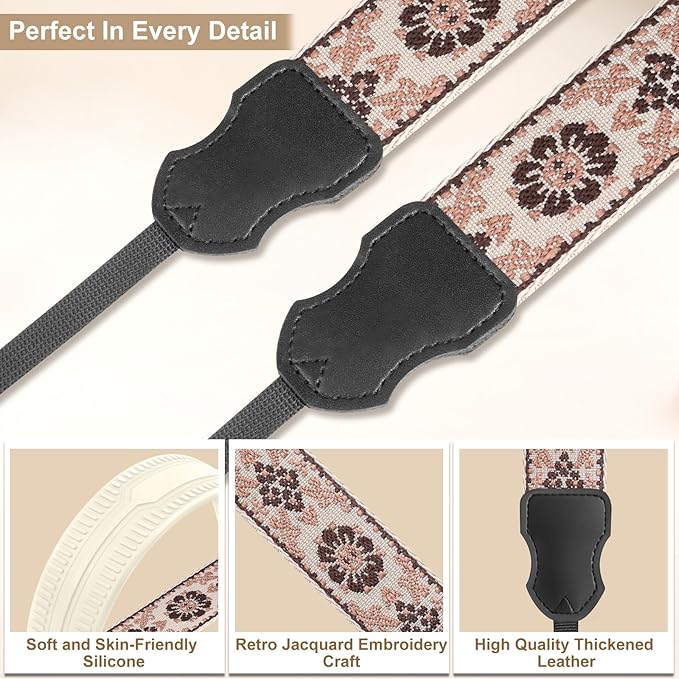 Neck Strap Silicone Camera Straps - Padded Camera Strap, 1.5" Wide Adjustable Nylon Shoulder Strap - Compatible with Canon, Nikon, Sony, and More DSLR and Mirrorless Cameras (Khaki Brown)