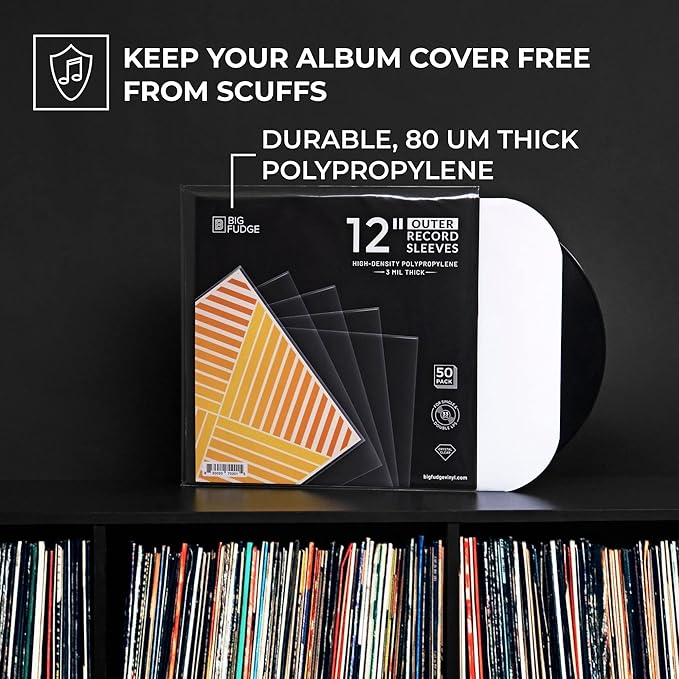 Big Fudge 12" Vinyl Record Sleeves - Outer Sleeves 50 Pack -Crystal Clear High-Density Polypropylene Vinyl Covers - Accessories Protect LP Albums from Dust, Dirt & Scratches