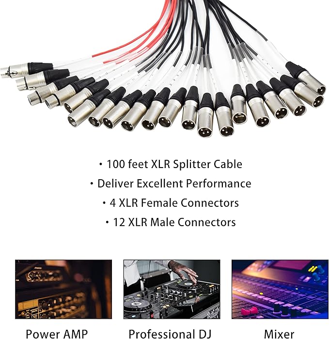 PRORECK 16-Channel Low Profile XLR Send Circuit Board Snake Cables, XLR Splitter Cable for Live, Recording, Stage, Studio, 100 Feet Long