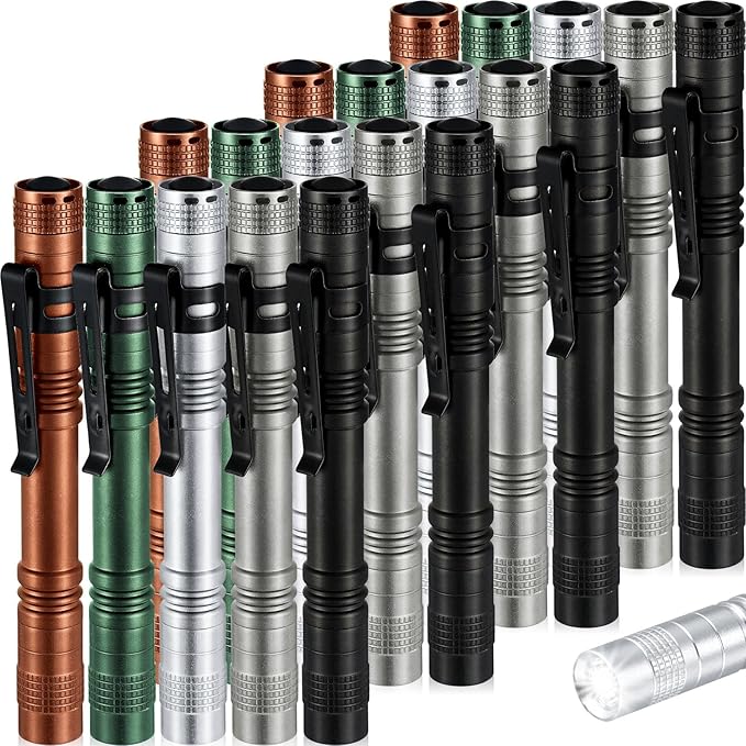 Hortsun 20 Pcs Mini Pen Light Flashlights Christmas Gifts for Men Pocket Flashlights Pen with Clip Small LED Handheld Slim Torches Without Battery(5.12 Inch,Black, Green, Brown, Silver White, Gray)