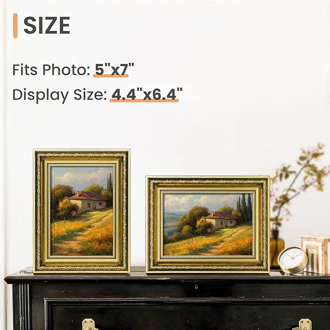 upsimples 5x7 Picture Frame with Real Glass, Ornate Vintage 5 x 7 Photo Frames for Wall Decor or Tabletop Display, Gold, 2 Pack