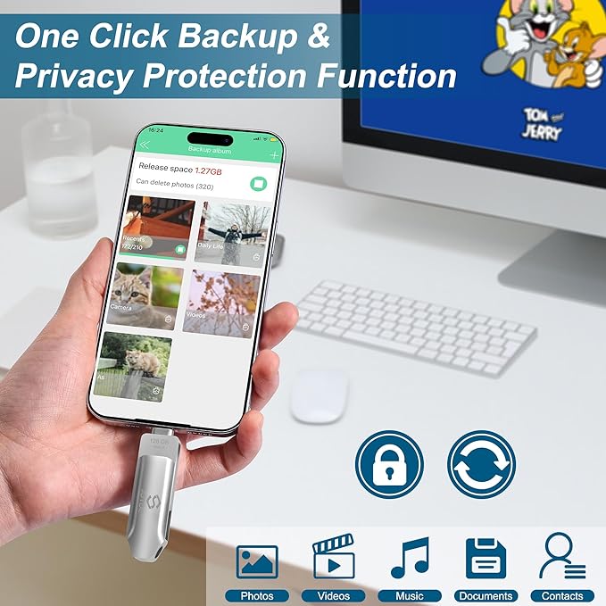 128GB Photo-Stick-iPhone-17/16/15-Flash-Drive iPhone USB C Memory Stick One-Click Backup Photos Videos & Contacts Secure-External-Storage-iPad-Photo-Backup-Thumb-Drive Android-Photo-Storage-Stick