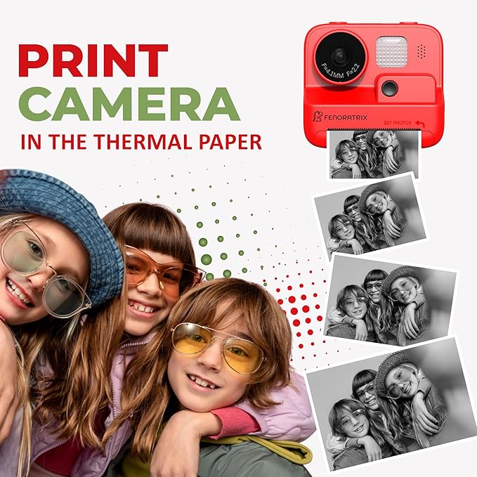 Instant Print Camera for Kids – No Ink Needed, 2.4" Screen, Selfie & 1080P Video, 10X Zoom, 3 Paper Rolls, Stickers & Markers, Fun Creative Gift for Boys & Girls Ages 3 4 5 6 7 8 9 10 – FENORATRIX RED