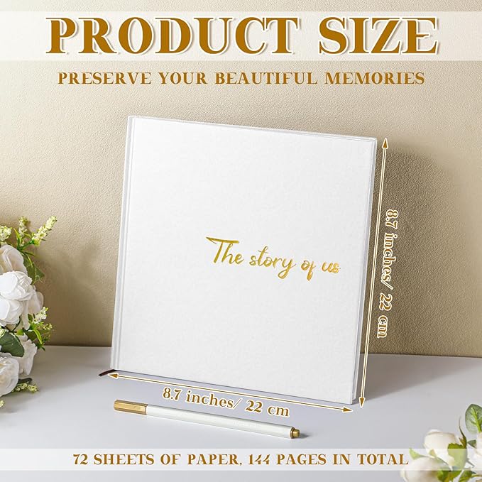 Colarr Hardcover Couples Scrapbook 144 Pages 8.7 x 8.7" Couples Photo Album Scrapbook Journal for 1 Year Wedding Memory Anniversary Photo Book Gift with 2 Markers(White)